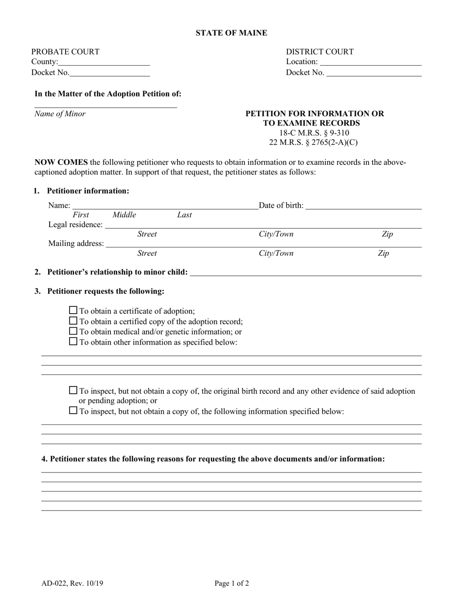Form AD-022 Petition for Information or to Examine Records - Maine, Page 1