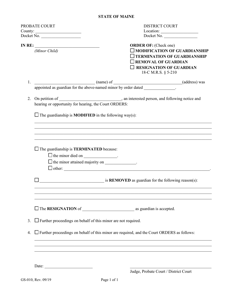 Form GS-010 Order of Modification / Termination / Removal / Resignation - Maine, Page 1