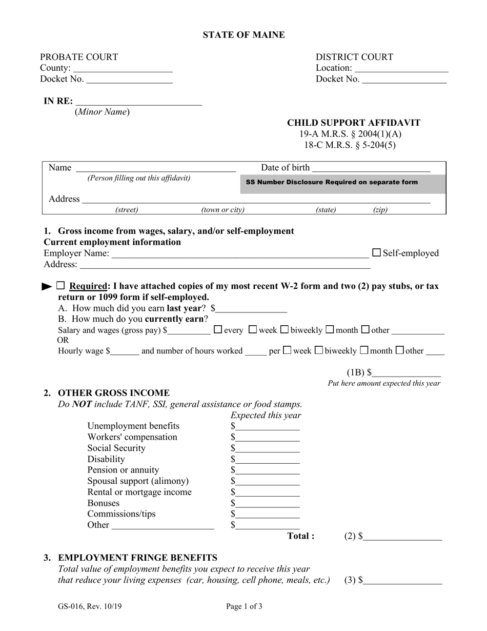 Form GS-016 Child Support Affidavit - Maine, Page 1