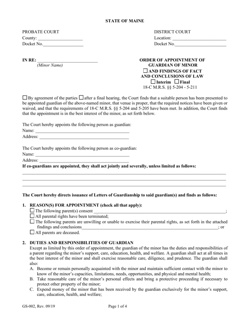 Form GS-002 Order of Appointment of Guardian of a Minor - Maine