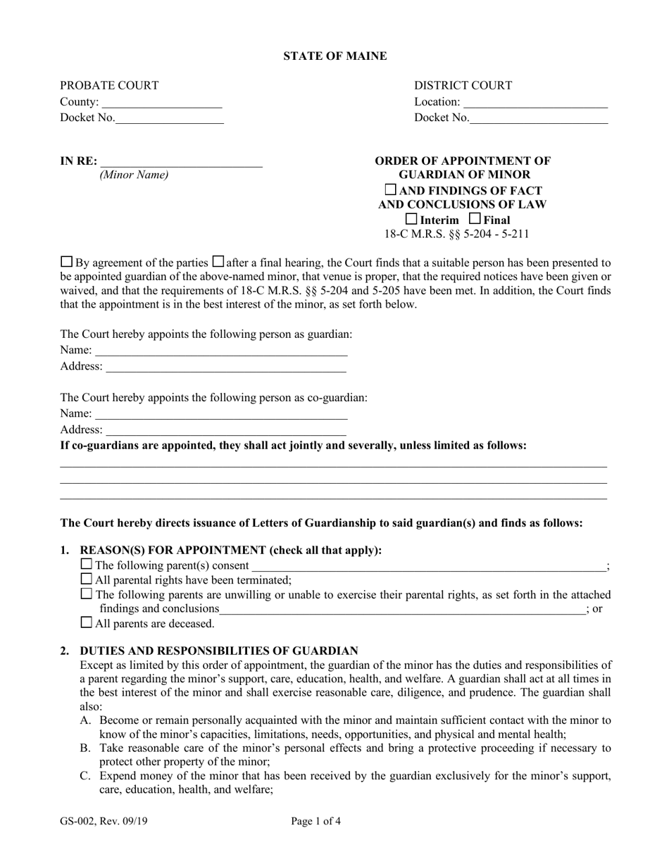 Form GS-002 Order of Appointment of Guardian of a Minor - Maine, Page 1