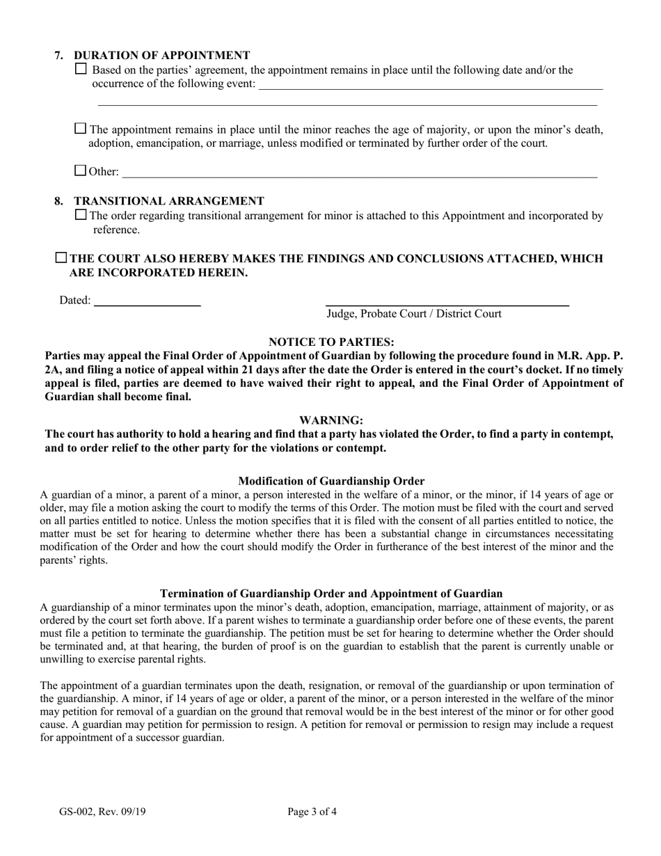 Form GS-002 Order of Appointment of Guardian of a Minor - Maine, Page 3