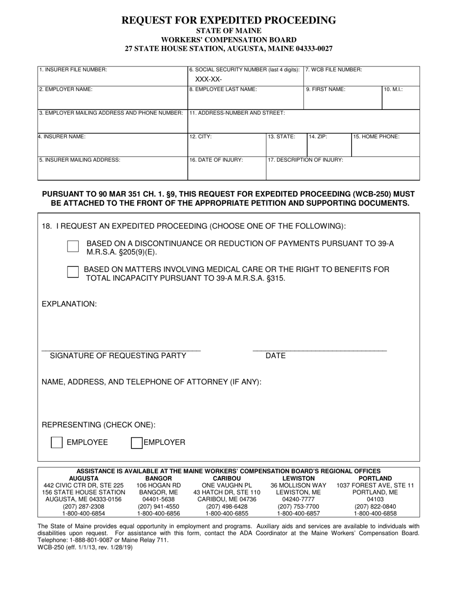 Form WCB-250 Request for Expedited Proceeding - Maine, Page 1