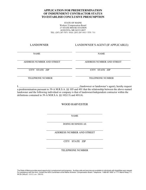 Form WCB-260 Application for Predetermination of Independent Contractor Status to Establish Conclusive Presumption - Maine