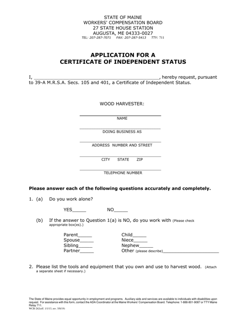 Form WCB-262 Application for a Certificate of Independent Status - Maine