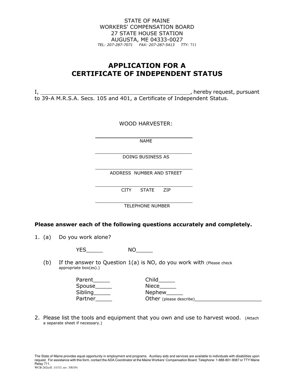 Form WCB-262 Application for a Certificate of Independent Status - Maine, Page 1