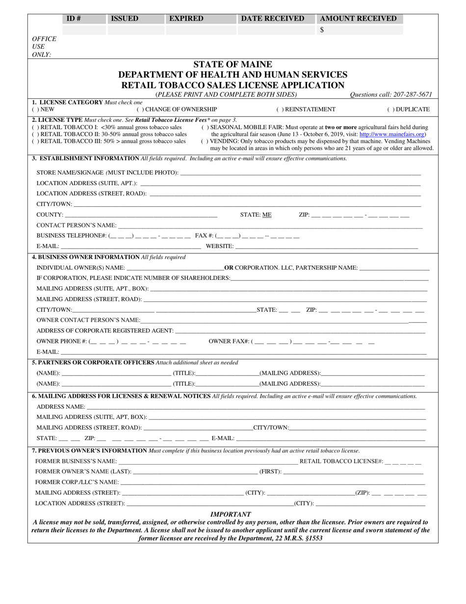 Form HHE609 Retail Tobacco Sales License Application - Maine, Page 1