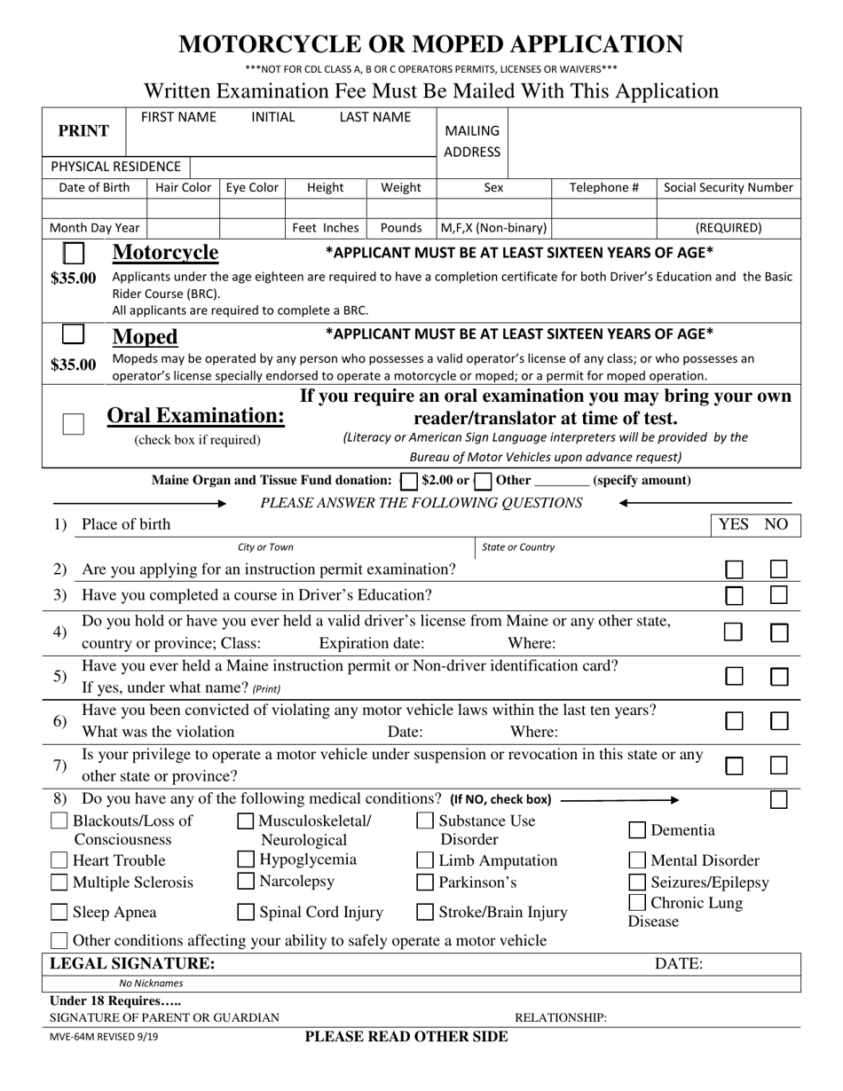 Form MVE-64M Motorcycle or Moped Application - Maine, Page 1