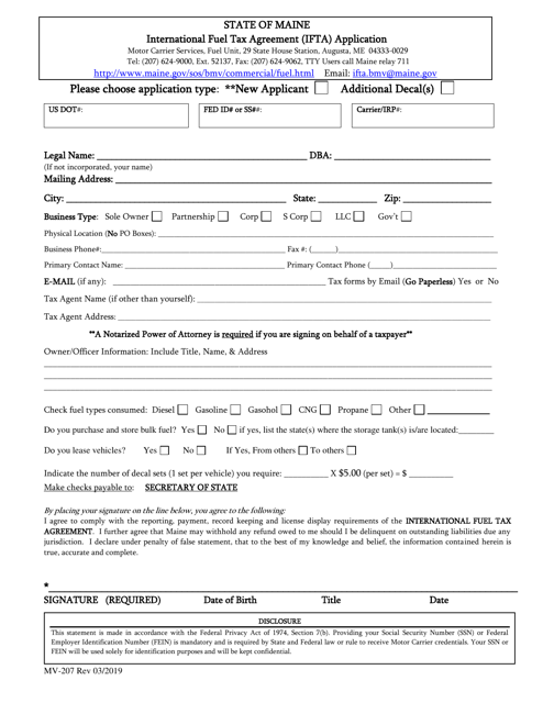 Form MV-207 International Fuel Tax Agreement (Ifta) Application - Maine