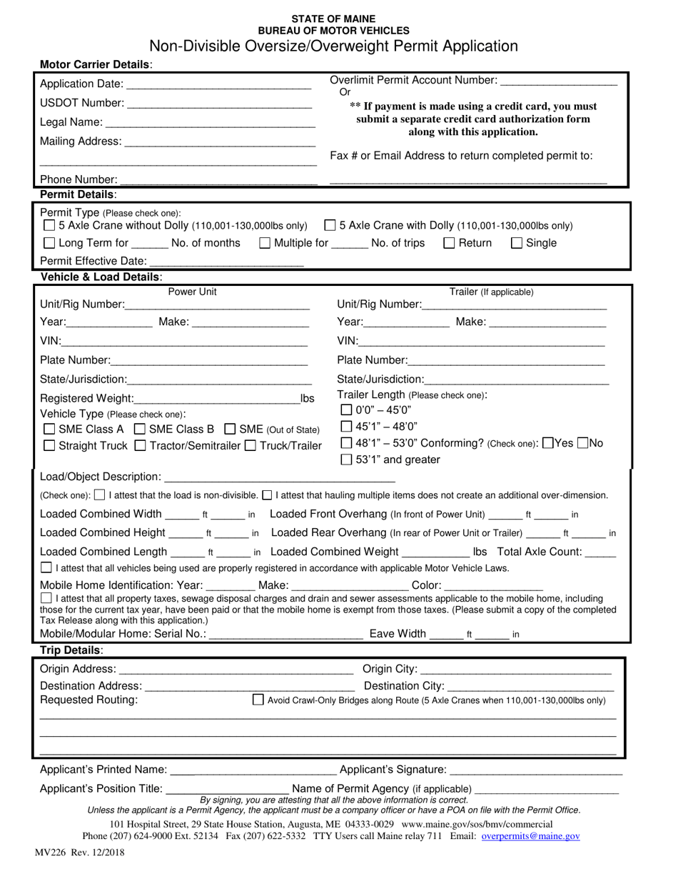 Form MV226 Non-divisible Oversize / Overweight Permit Application - Maine, Page 1
