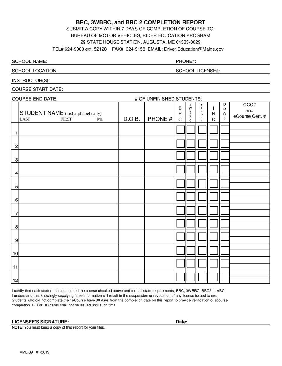 Form MVE-89 Brc, 3wbrc, and Brc 2 Completion Report - Maine, Page 1