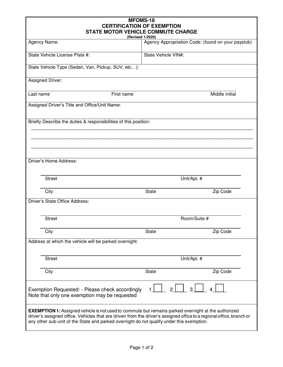 Form MFOMS-18 Certification of Exemption - State Motor Vehicle Commute Charge - Maryland, Page 1