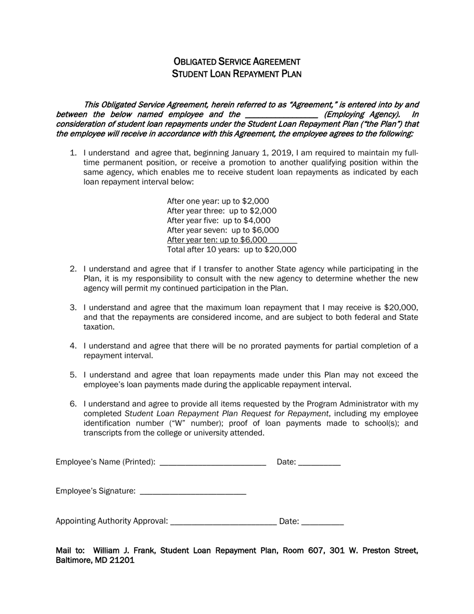 Maryland Obligated Service Agreement Student Loan Repayment Plan Download Printable Pdf Templateroller