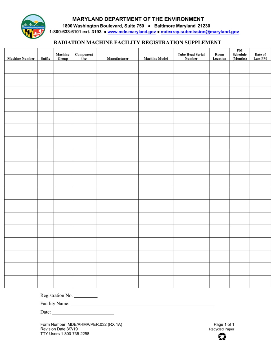 Form MDE / ARMA / PER.032 (RX1A) Radiation Machine Facility Registration Supplement - Maryland, Page 1