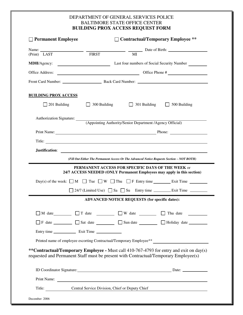 Building Prox Access Request Form - Baltimore, Maryland, Page 1