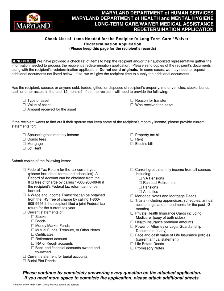 Form DHS / FIA9709R Long-Term Care / Waiver Medical Assistance Redetermination Application - Maryland, Page 1