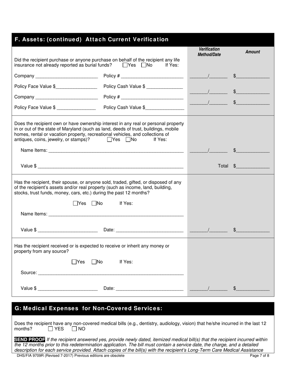 Form DHS / FIA9709R Long-Term Care / Waiver Medical Assistance Redetermination Application - Maryland, Page 9