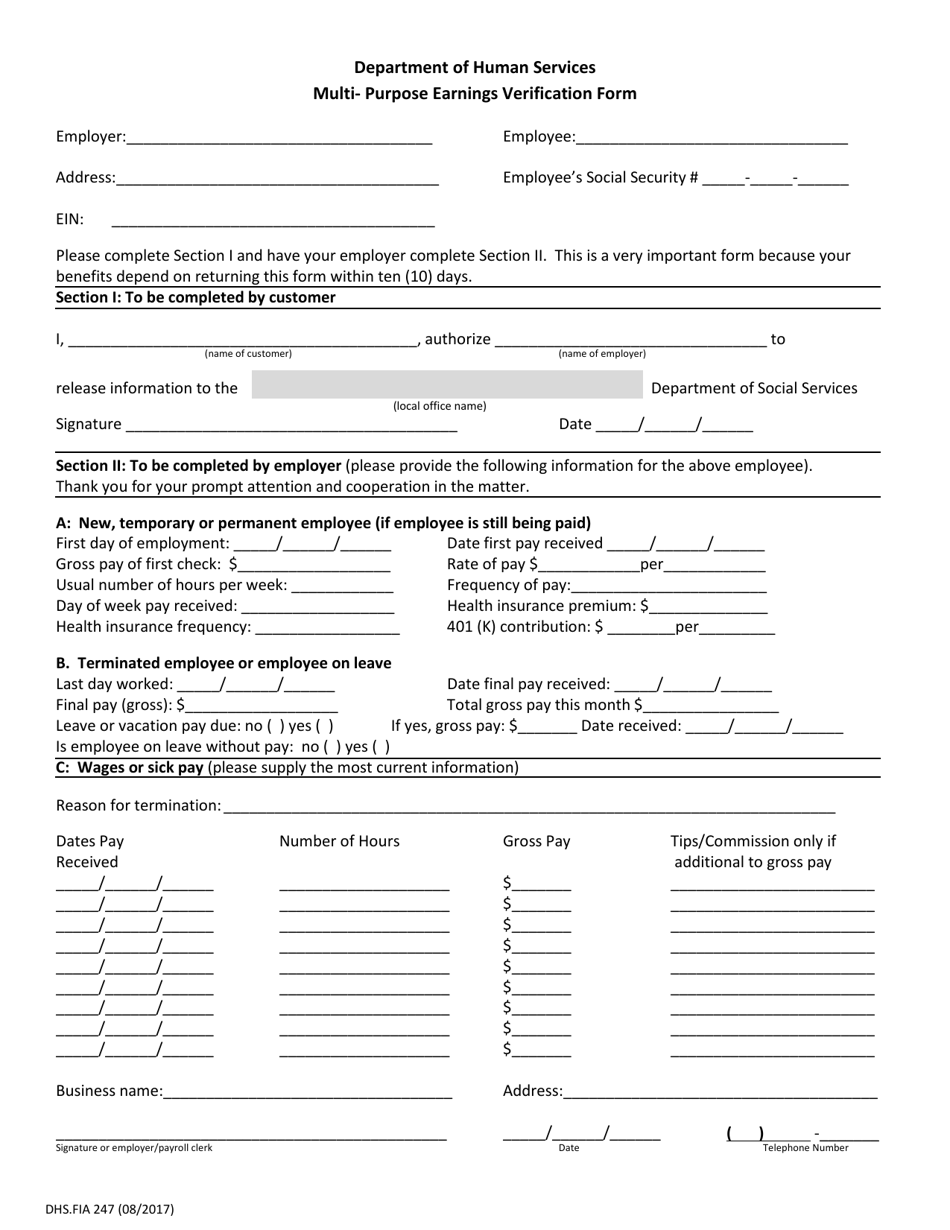 form dhs fia247 download printable pdf or fill online multi purpose earnings verification form maryland templateroller