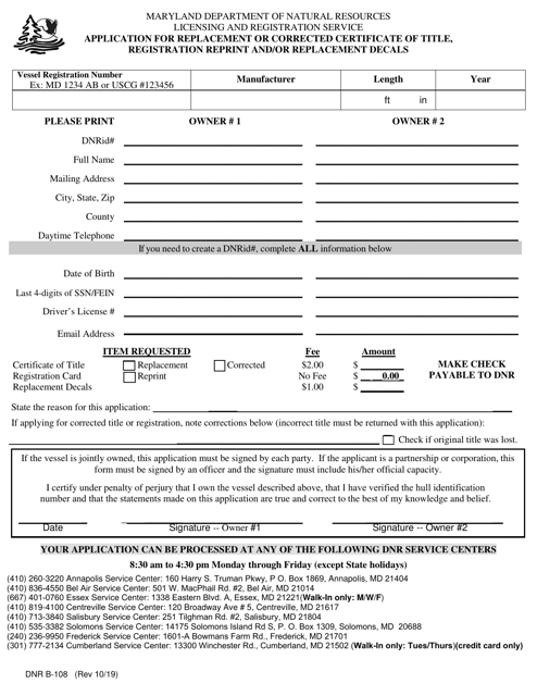 DNR Form B-108 Download Fillable PDF or Fill Online Application for ...