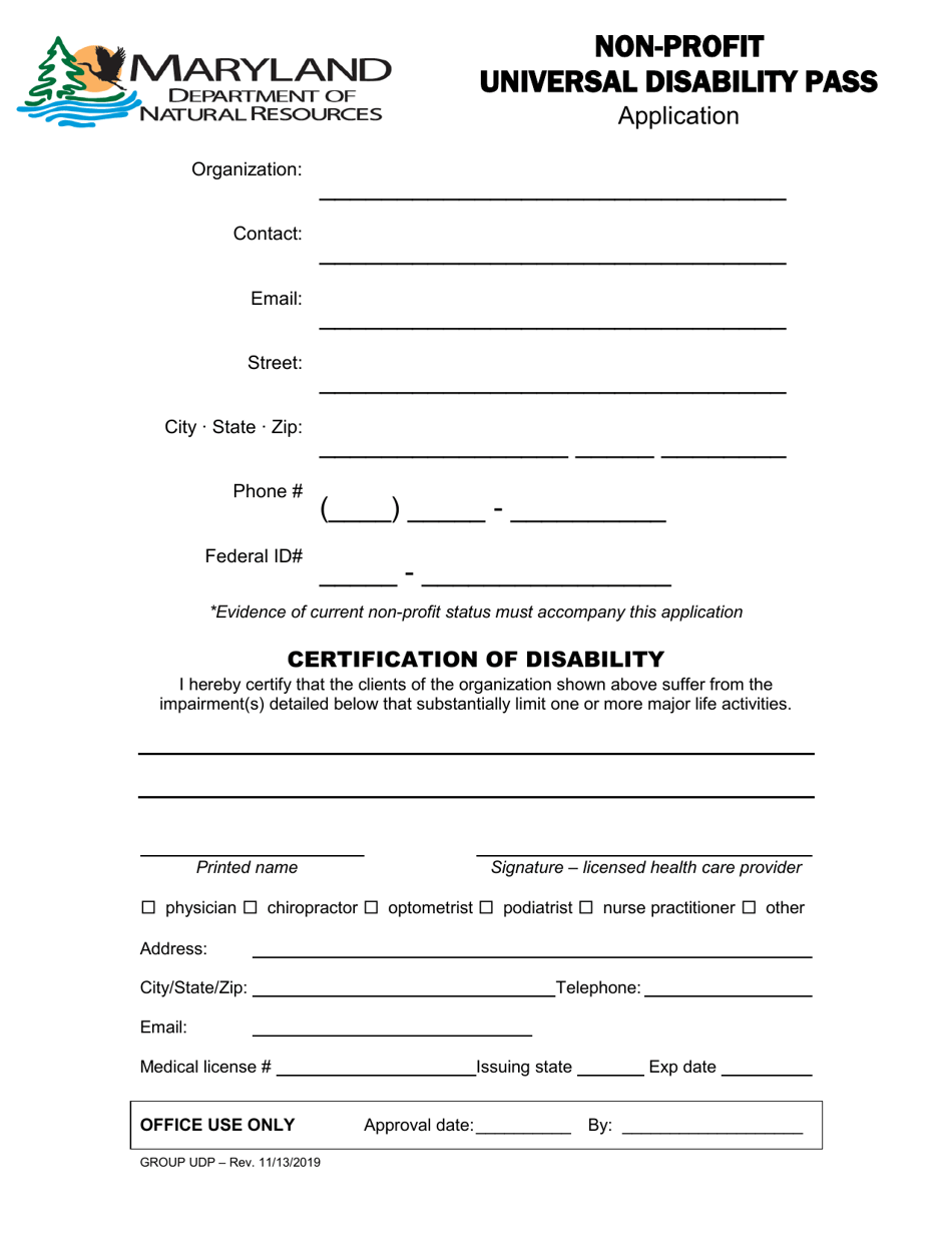 Non-profit Universal Disability Pass Application - Maryland, Page 1