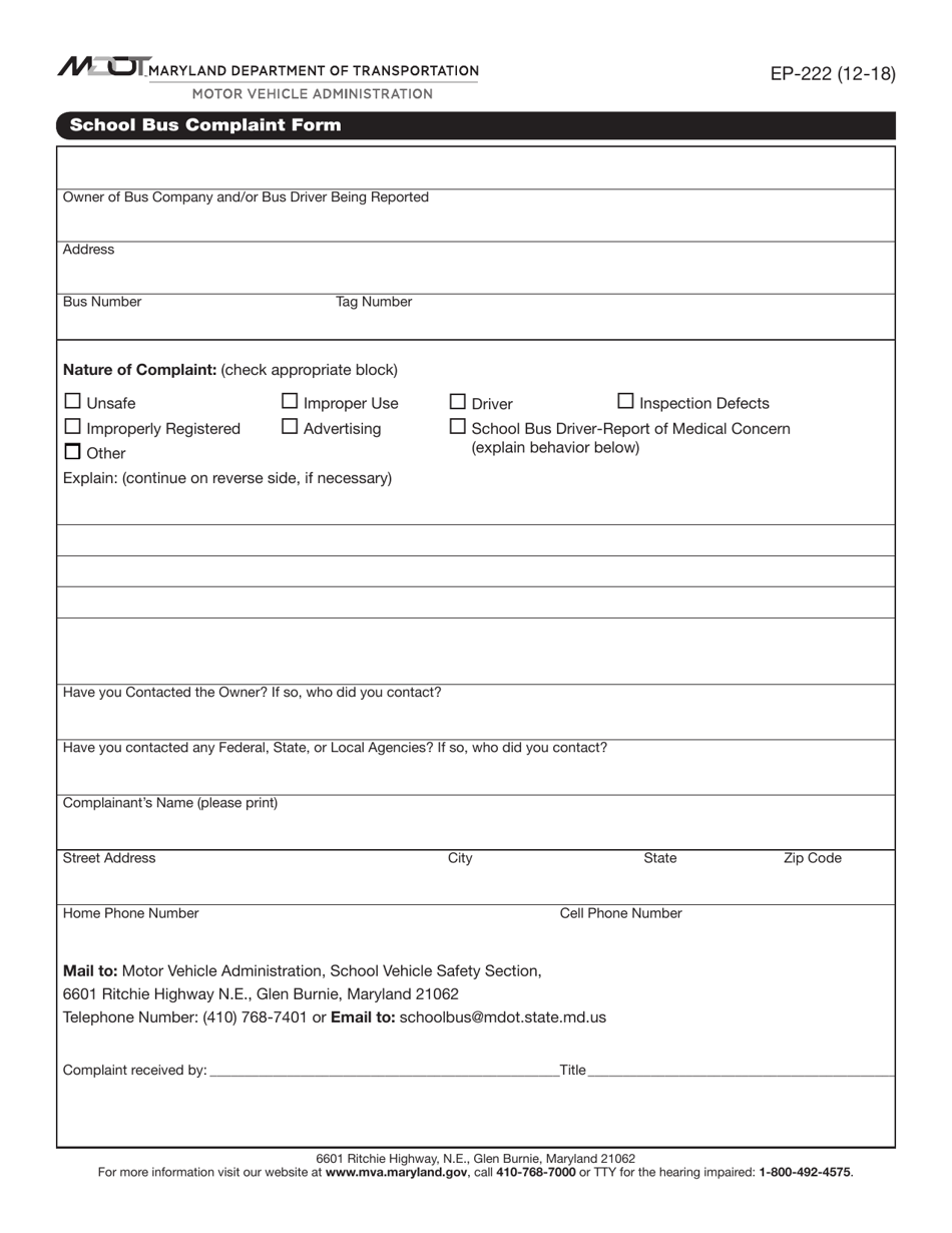 Form EP-222 School Bus Complaint Form - Maryland, Page 1