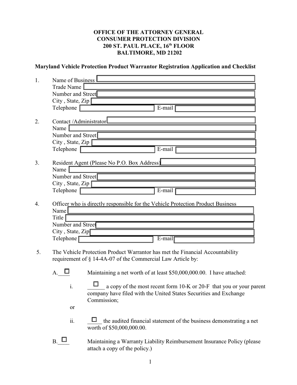 Maryland Vehicle Protection Product Warrantor Registration Application and Checklist - Maryland, Page 1