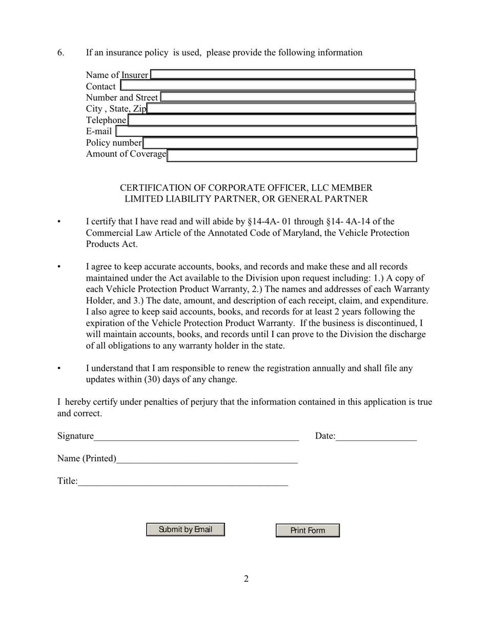 Maryland Vehicle Protection Product Warrantor Registration Application and Checklist - Maryland, Page 2