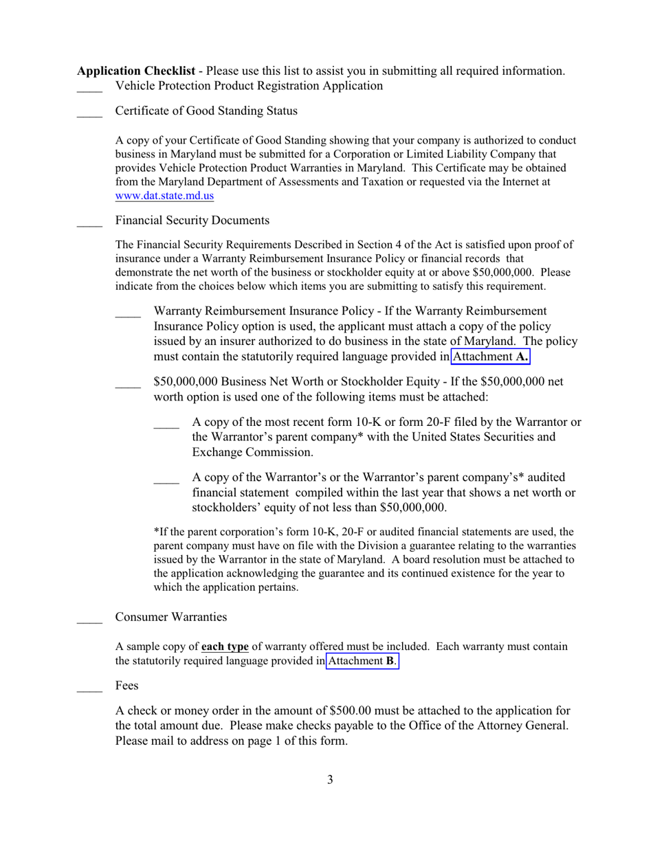 Maryland Vehicle Protection Product Warrantor Registration Application and Checklist - Maryland, Page 3