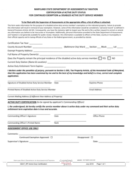 Document preview: Form SDAT_RP Certification of Active Duty Status for Continued Exemption as Disabled Active Duty Service Member - Maryland