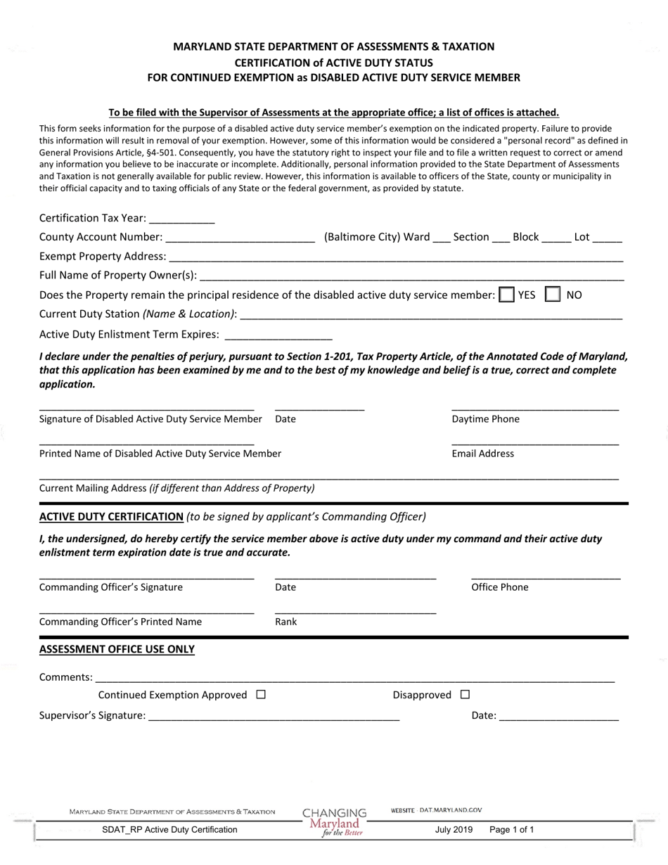 Form SDAT_RP Certification of Active Duty Status for Continued Exemption as Disabled Active Duty Service Member - Maryland, Page 1