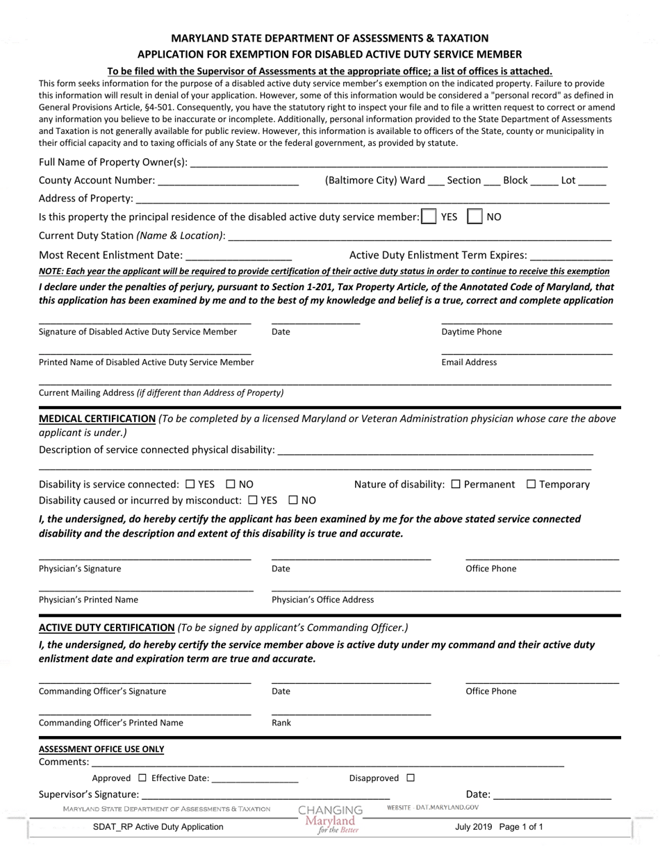 Form SDAT_RP Application for Exemption for Disabled Active Duty Service Member - Maryland, Page 1