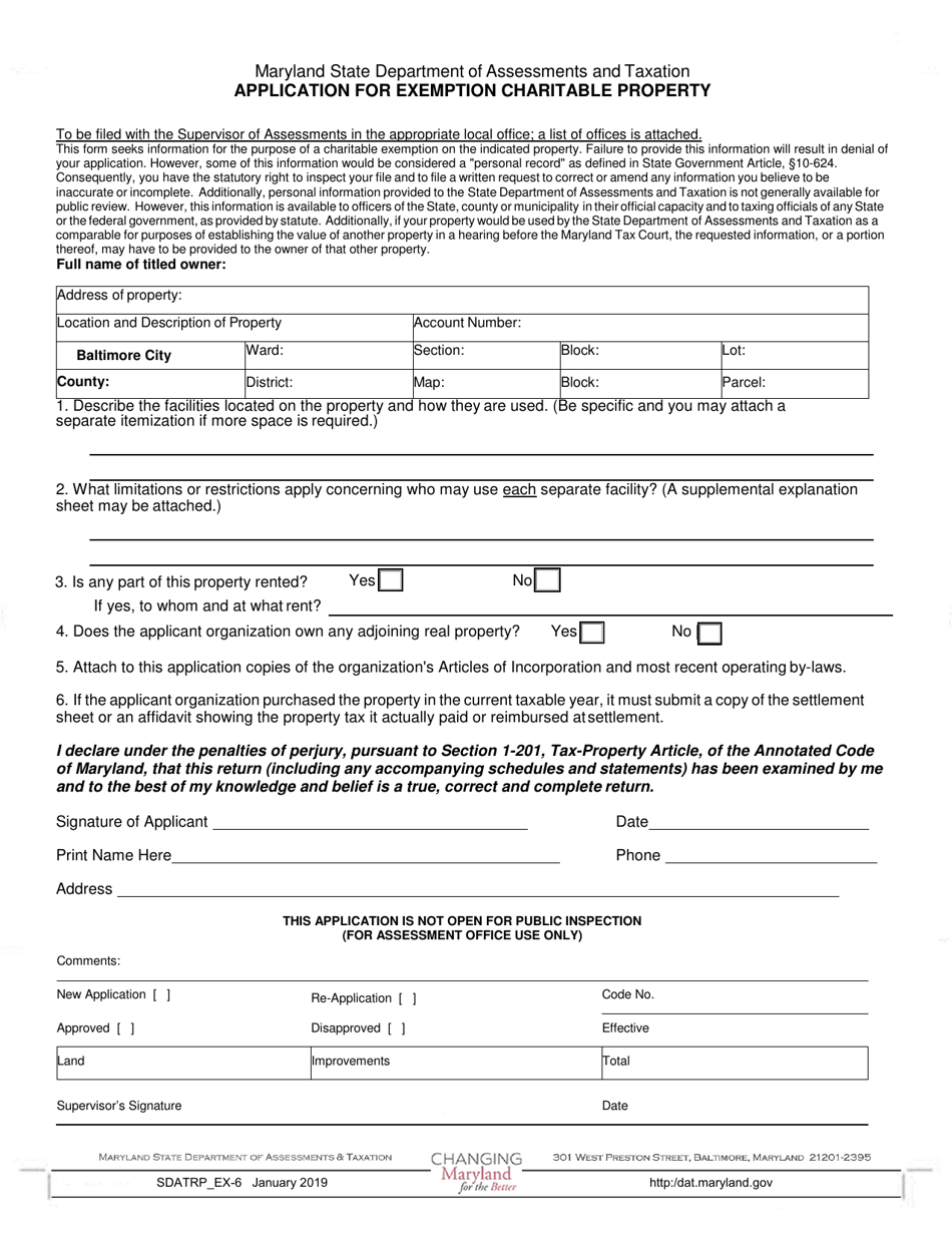 Form SDATRP_EX-6 Application for Exemption Charitable Property - Maryland, Page 1