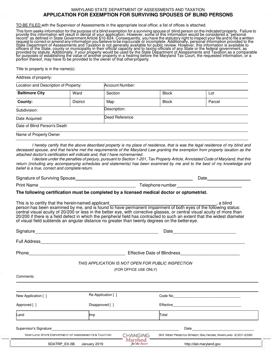 Form SDATRP_EX-5B Application for Exemption for Surviving Spouses of Blind Persons - Maryland, Page 1