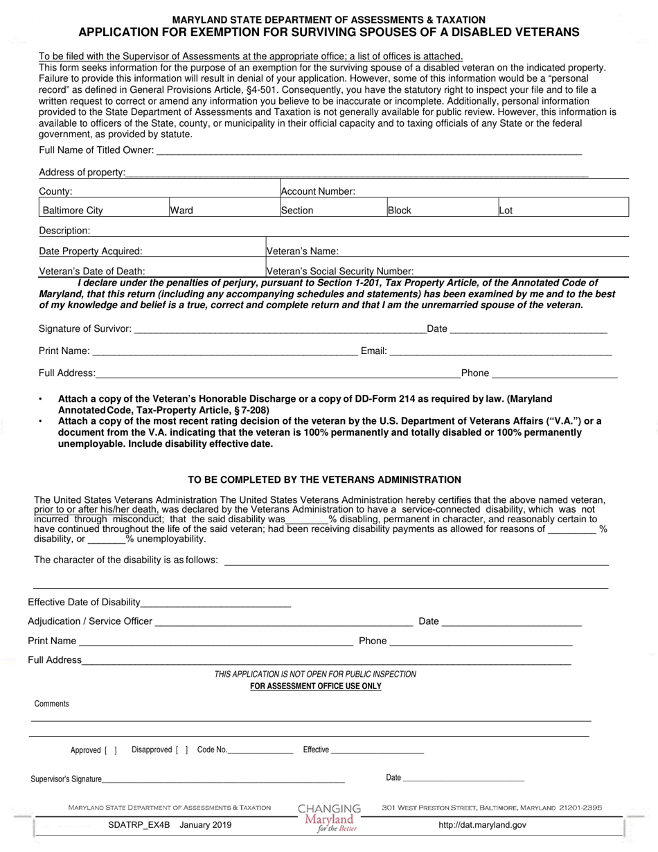 Form SDATRP_EX4B Application for Exemption for Surviving Spouses of a Disabled Veterans - Maryland, Page 1