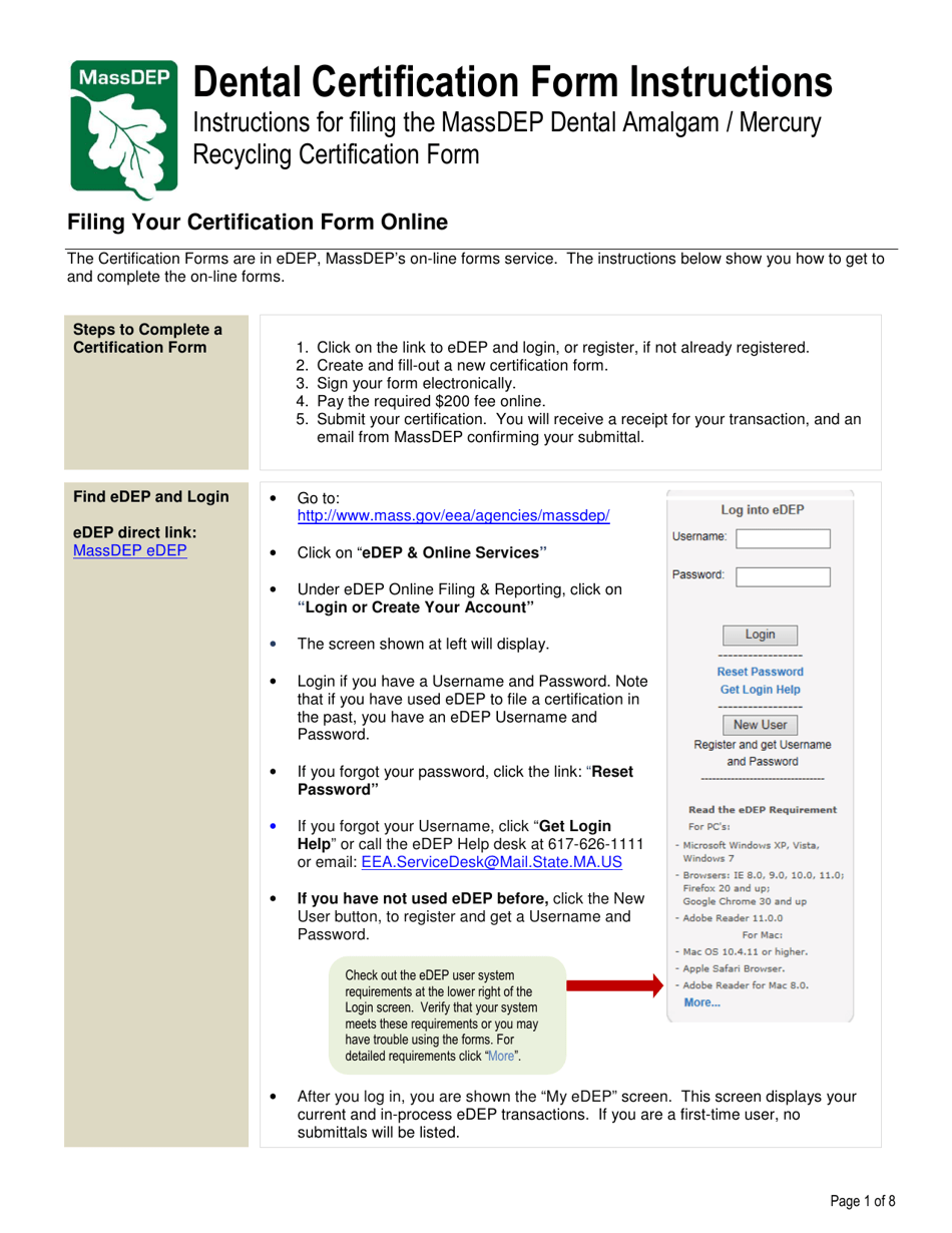 Instructions for Dental Amalgam / Mercury Recycling Certification Form - Massachusetts, Page 1