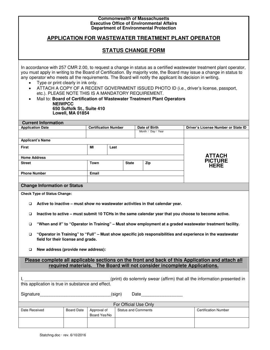 Application for Wastewater Treatment Plant Operator Status Change Form - Massachusetts, Page 1