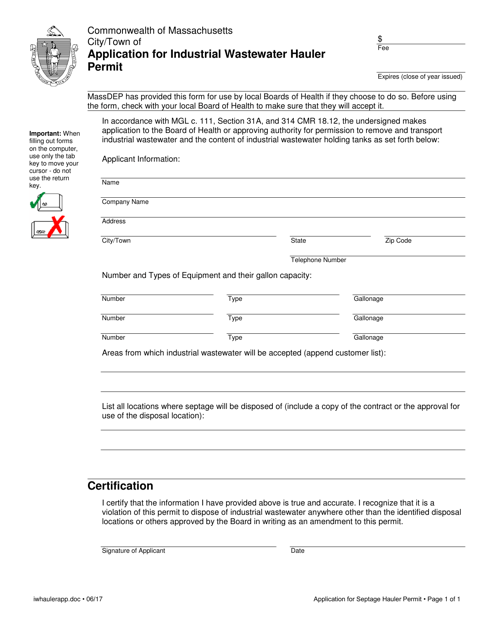 "Application for Industrial Wastewater Hauler Permit" - Massachusetts Download Pdf