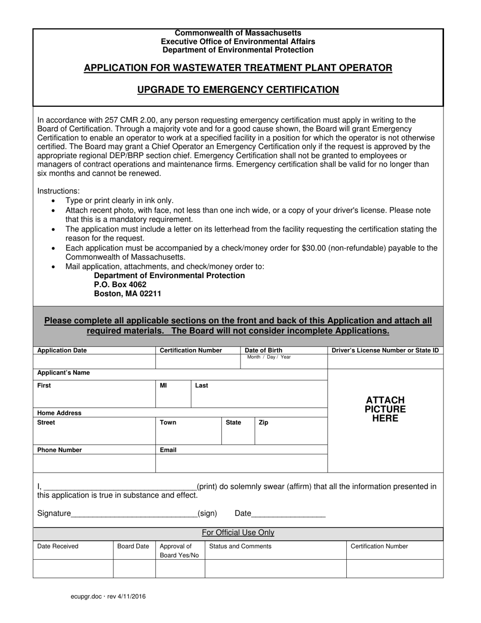 Application for Wastewater Treatment Plant Operator Upgrade to Emergency Certification - Massachusetts, Page 1