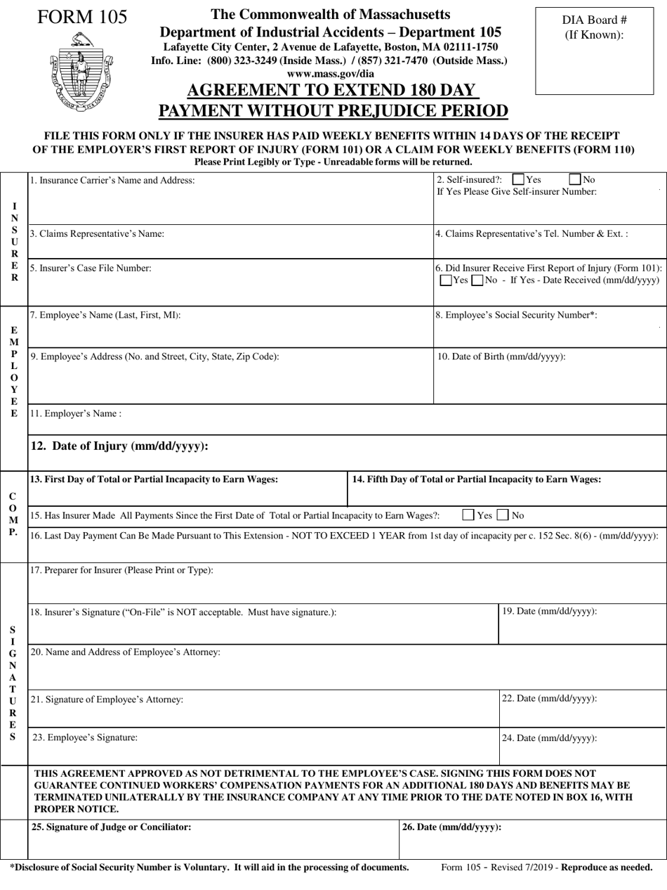 Form 105 Agreement to Extend 180 Day Payment Without Prejudice Period - Massachusetts, Page 1