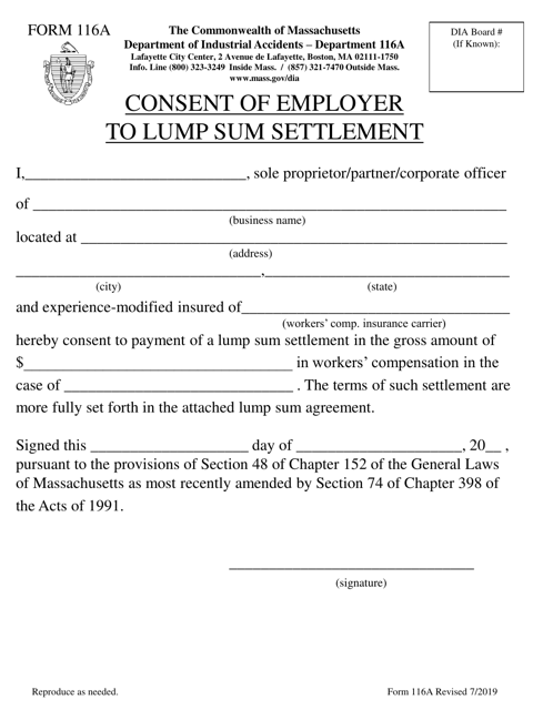 Form 116A Consent of Employer to Lump Sum Settlement - Massachusetts