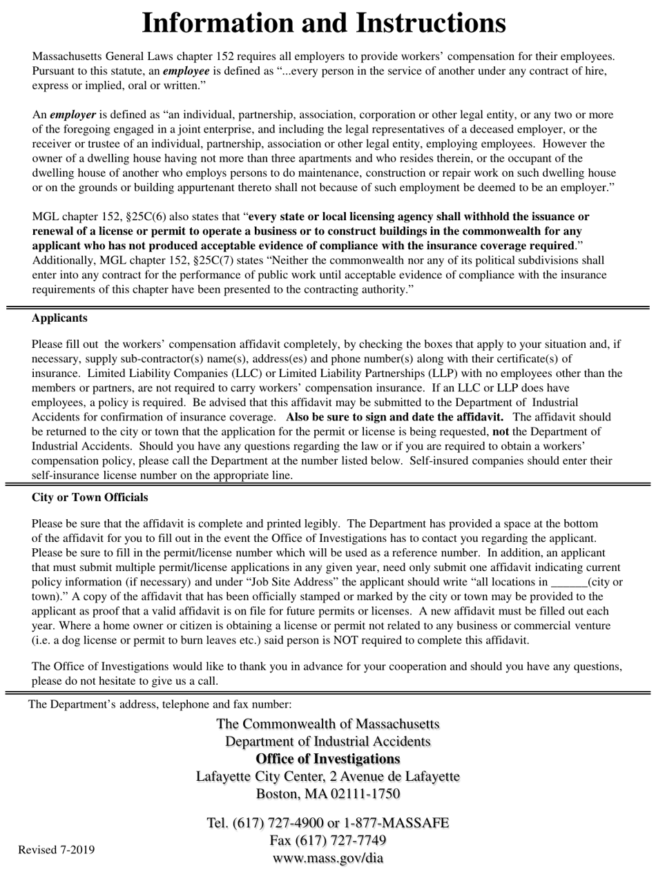 Workers Compensation Insurance Affidavit: Builders / Contractors / Electricians / Plumbers - Massachusetts, Page 2