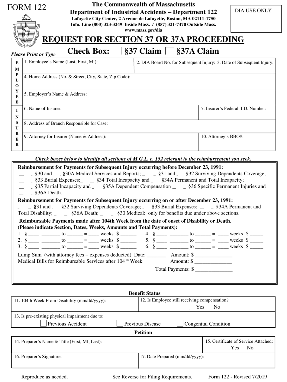 Form 122 Request for Section 37 or 37a Proceeding - Massachusetts, Page 1