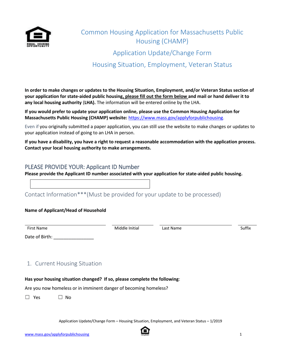 Application Update / Change Form - Housing Situation, Employment, Veteran Status - Massachusetts, Page 1