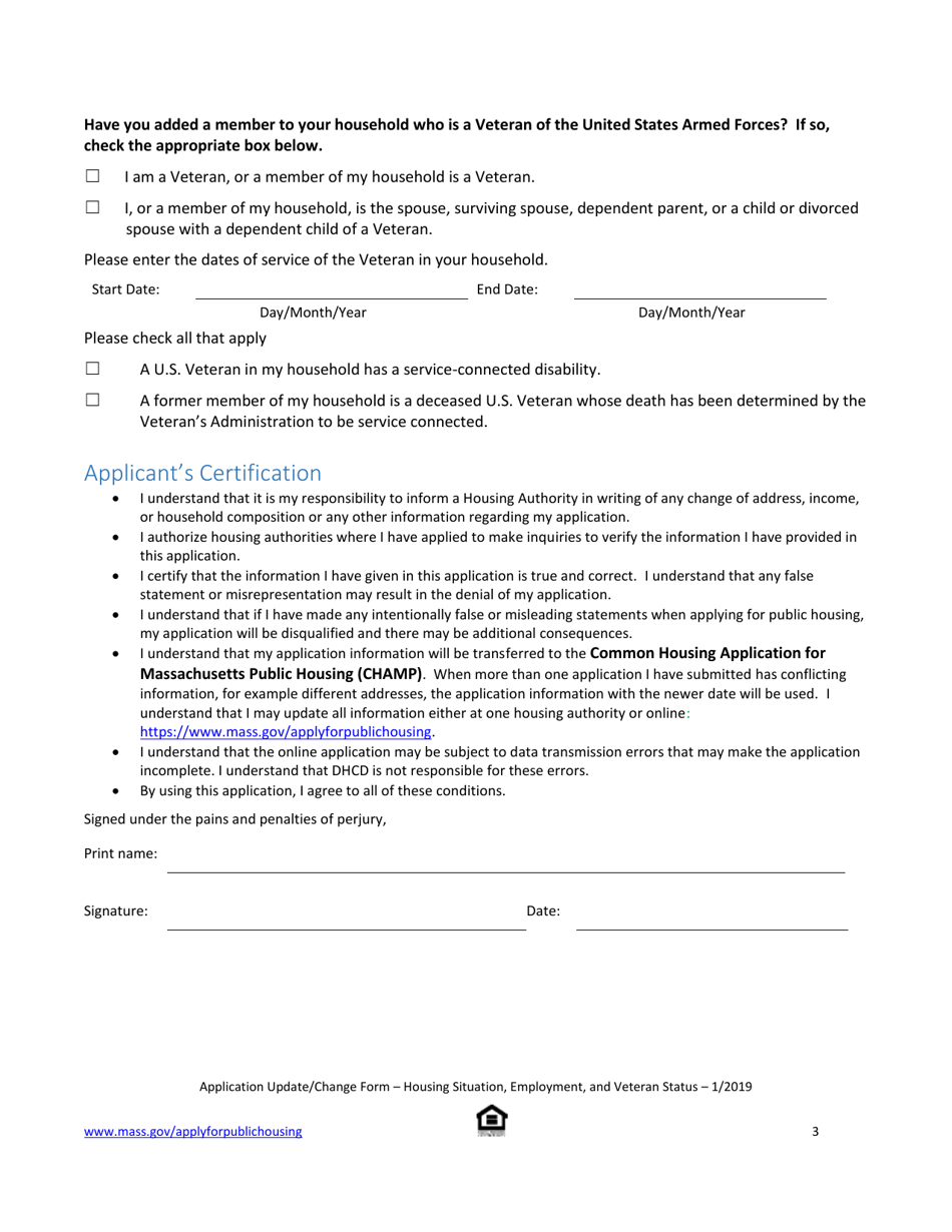 Application Update / Change Form - Housing Situation, Employment, Veteran Status - Massachusetts, Page 3