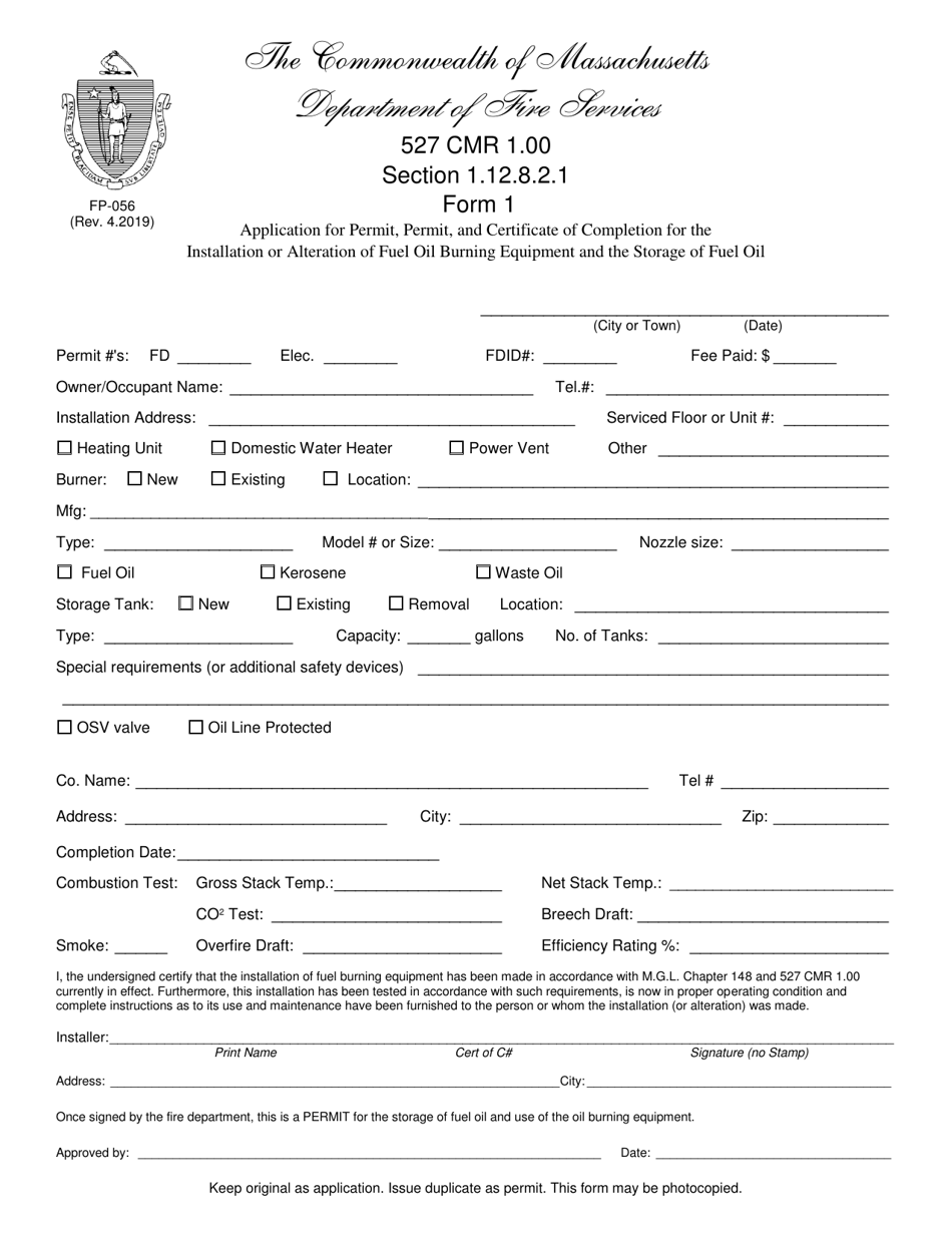 Form FP-056 (1) Application for Permit, Permit, and Certificate of Completion for the Installation or Alteration of Fuel Oil Burning Equipment and the Storage of Fuel Oil - Massachusetts, Page 1