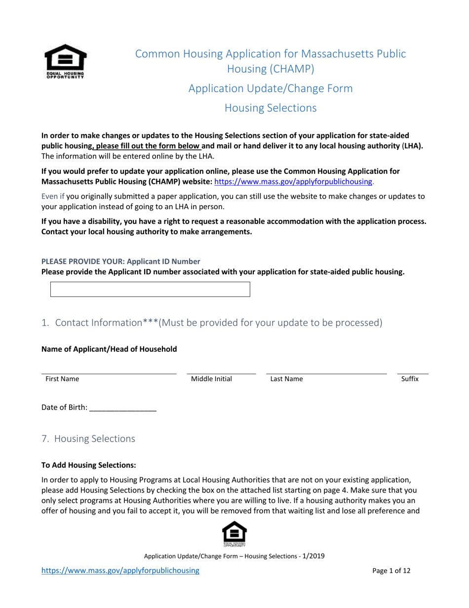Massachusetts Application Update/Change Form Housing Selections