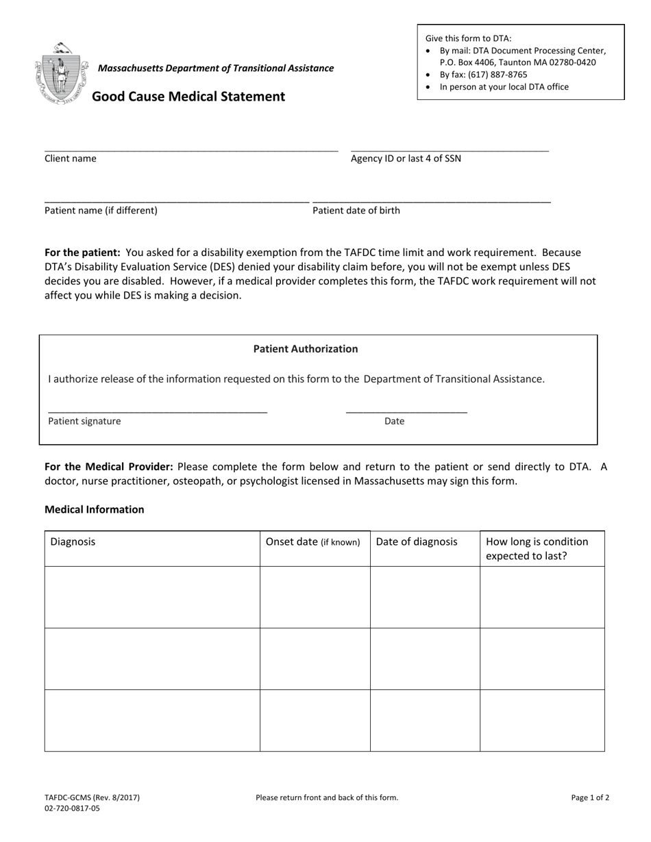 Form TAFDC-GCMS Good Cause Medical Statement - Massachusetts, Page 1