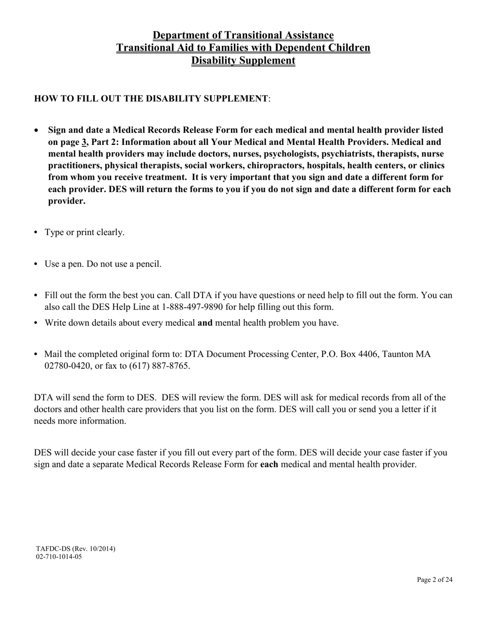 Form TAFDC-DS Transitional Aid to Families With Dependent Children Disability Supplement - Massachusetts, Page 2