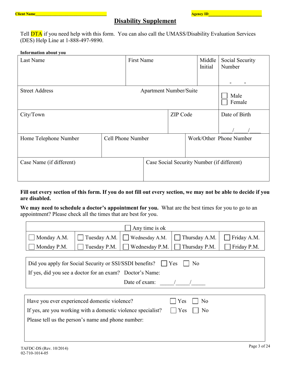Form TAFDC-DS Transitional Aid to Families With Dependent Children Disability Supplement - Massachusetts, Page 3