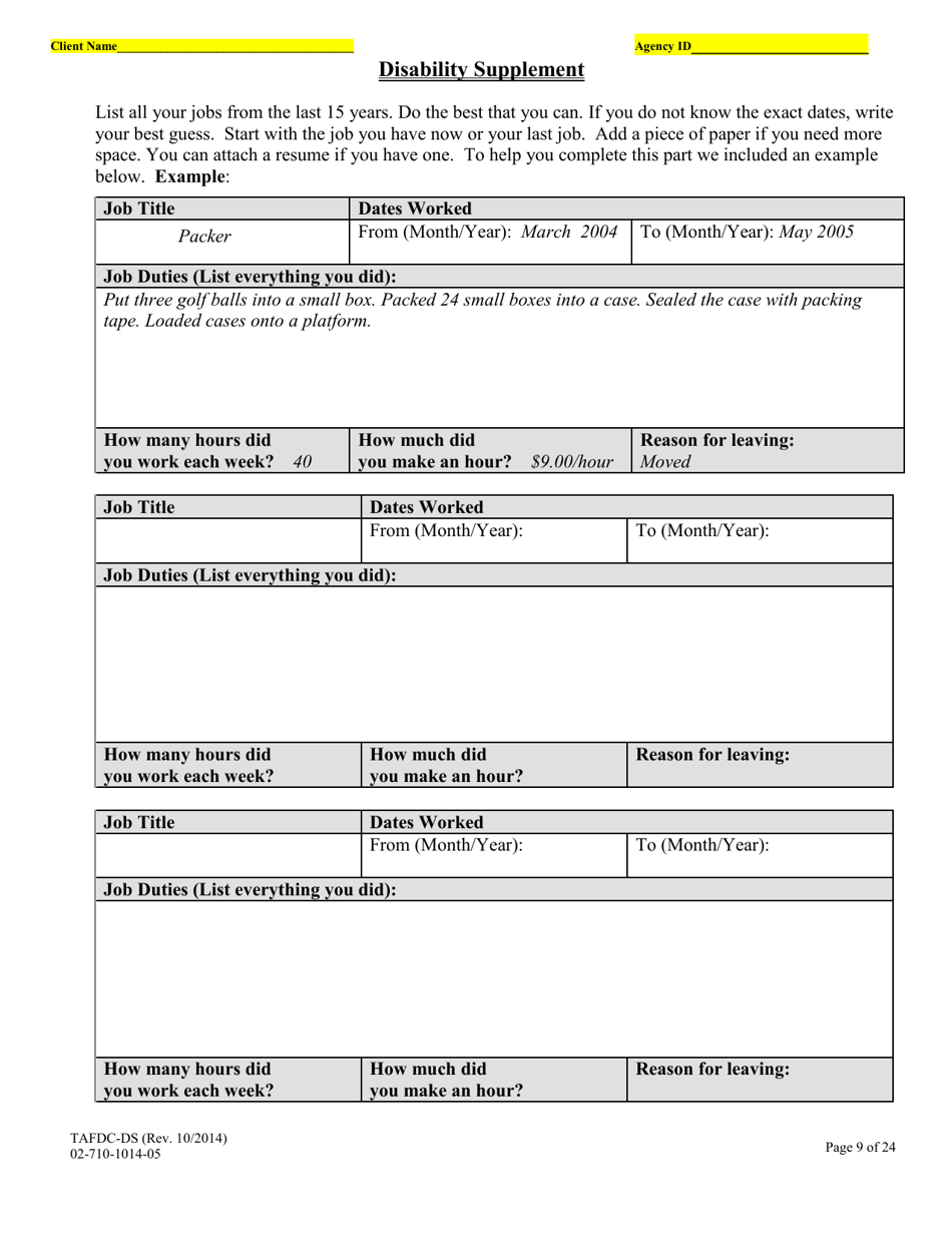Form TAFDC-DS Transitional Aid to Families With Dependent Children Disability Supplement - Massachusetts, Page 9